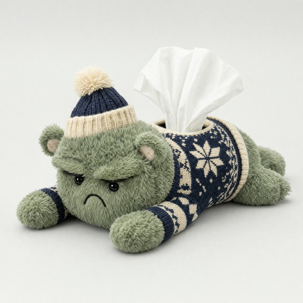 Grumplet plush tissue holder in a navy snowflake sweater