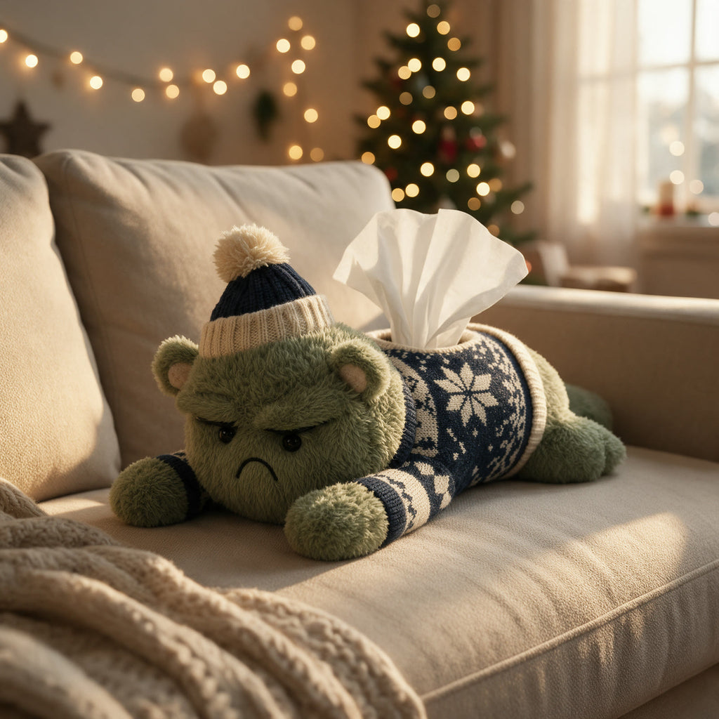Grumplet plush tissue holder on a sofa at Christmas