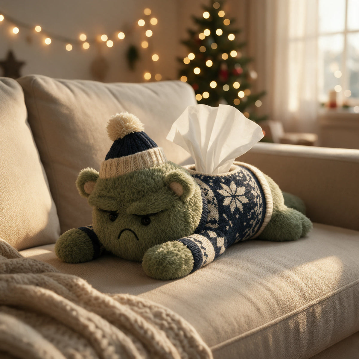 Grumplet plush tissue holder on a sofa at Christmas