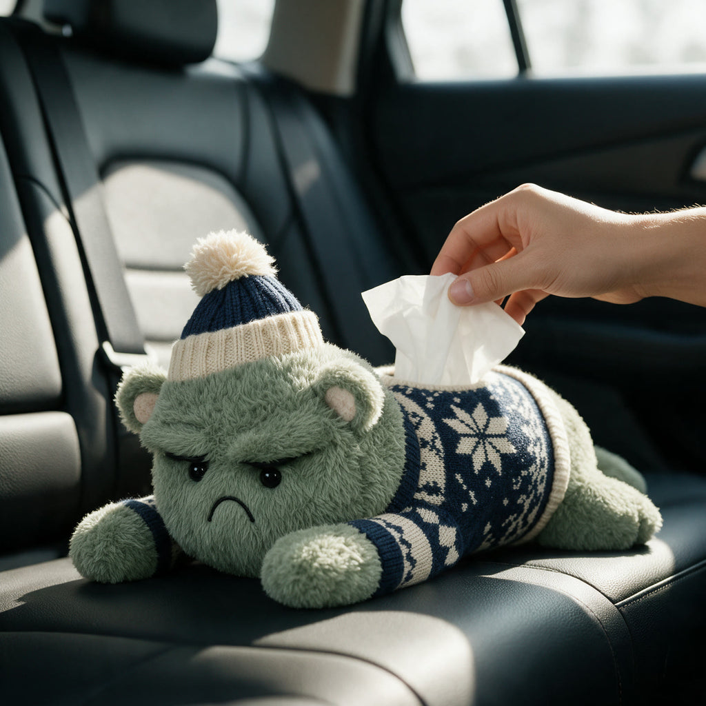 Grumplet plush tissue holder in a car