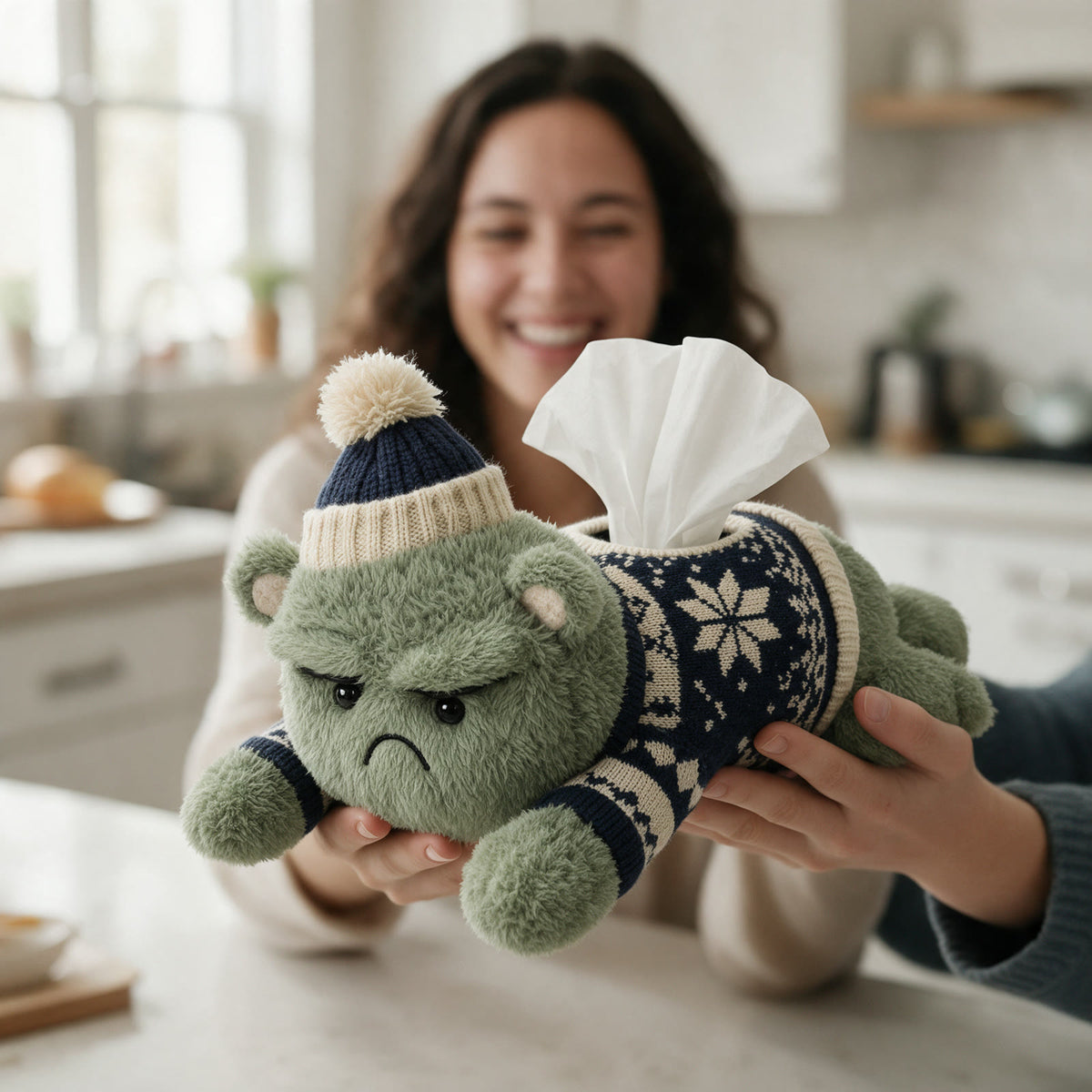 Holding the Grumplet plush tissue holder